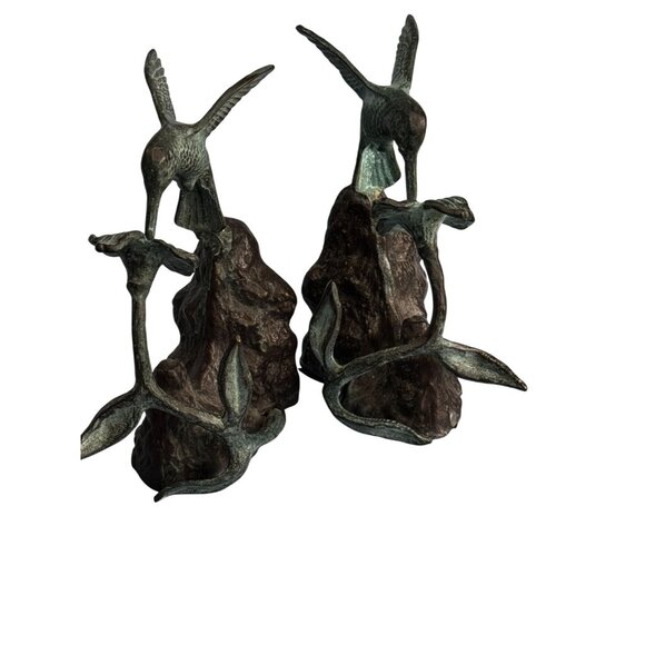 Bronze Hummingbird And Flower Bookends Verdigris Patina Pair 7 Inches - Picture 5 of 7